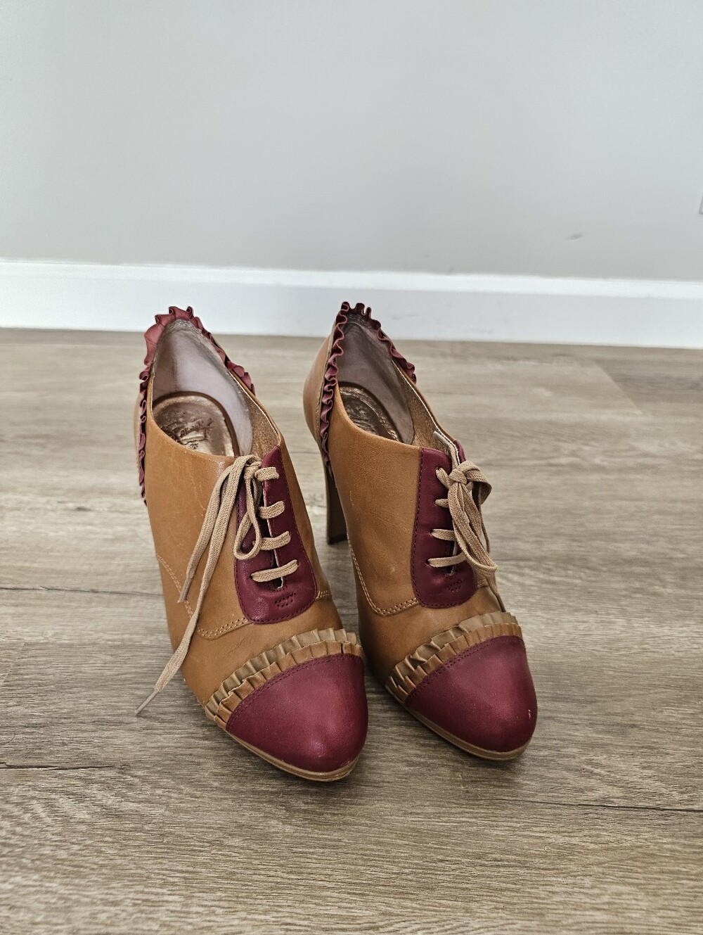Anthropologie Miss Albright Specialty Two-Tone Tan & Burgundy Lace-Up Heels